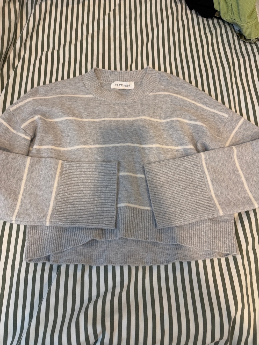 Hippie Rose Gray and Cream Striped Crewneck Sweater